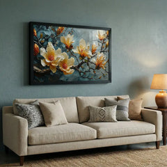 Elegant Cream & Teal Blossom - Premium Glass Framed Wall Art