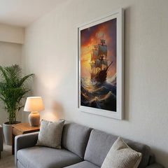 Golden Sunset Voyage - Majestic Sailing Ship Art (Premium Glass Frame)