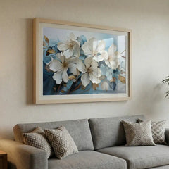 Pristine Blooms - White & Blue Floral Art (Premium Glass Frame)