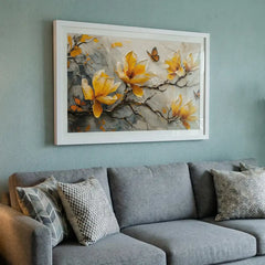 Vibrant Yellow & Orange Floral Butterfly - Premium Glass Framed Wall Art