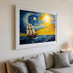 Celestial Voyage - Van Gogh Style Ship Art (Premium Glass Frame)