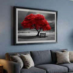 Striking Red Tree Scenery - Premium Glass Framed Wall Art