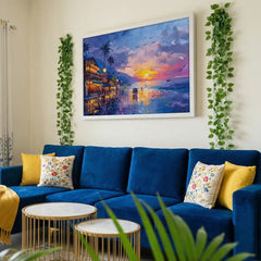 Twilight Coast - Sea Beach & City Lights Art (Premium Glass Frame)