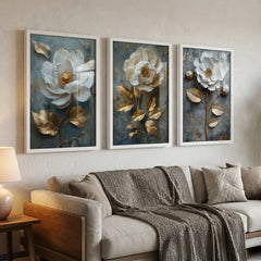 Gilded White Blooms - 3 Piece Metallic Floral Combo (Premium Glass Frame)