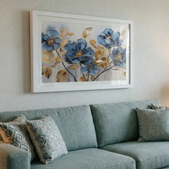 Sapphire & Gold Blooms - Floral Art (Premium Glass Frame)
