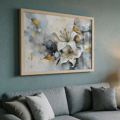 White Lily & Gold Splatters - Floral Art (Premium Glass Frame)