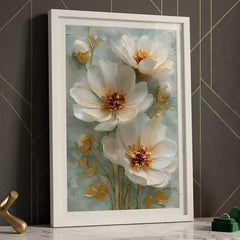 Elegant White & Gold Floral - Premium Glass Framed Wall Art