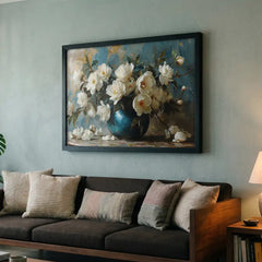 White Blossoms in Blue Vase - Floral Art (Premium Glass Frame)