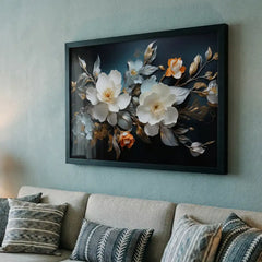 Midnight & Ivory Blossoms - Floral Art (Premium Glass Frame)