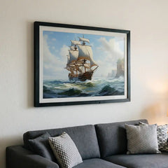 Coastal Voyage - Bright Ocean Ship Art (Premium Glass Frame)