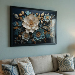 Midnight Teal Blossoms - Floral Art (Premium Glass Frame)
