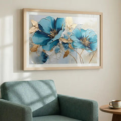 Azure Blooms - Blue & Gold Floral Art (Premium Glass Frame)