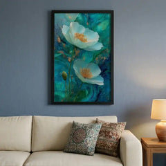 Ethereal Teal Floral - Premium Glass Framed Wall Art