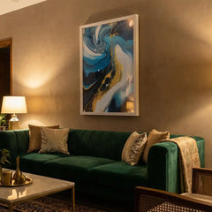 Azure & Gold Flow - Modern Abstract Swirl Art (Premium Glass Frame)