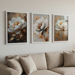 Golden Aura White Peonies - 3 Piece Floral Art Combo (Premium Glass Frame)