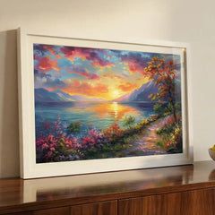 Serene Horizon - Colorful Lake Sunset Art (Premium Glass Frame)