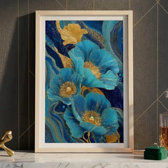 Royal Blue & Gold Floral - Premium Glass Framed Wall Art