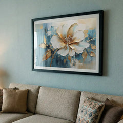 Azure & Gold Petals - Floral Art (Premium Glass Frame)
