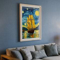 Golden Sails under Starry Skies - Vertical Van Gogh Ship Art (Premium Glass Frame)