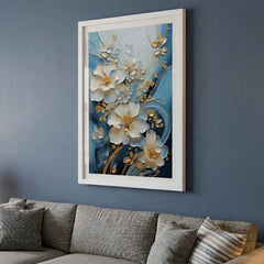 Blue & Gold 3D-Style Floral - Premium Glass Framed Wall Art