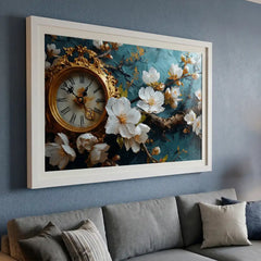 Vintage Clock & White Floral - Premium Glass Framed Wall Art