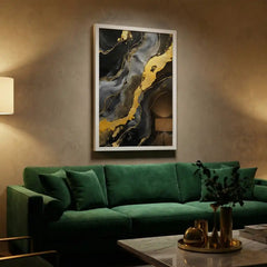 Black & Gold Fluid Marble Abstract - Premium Glass Framed Wall Art