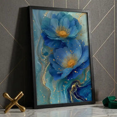 Ocean Blue & Gold Floral - Premium Glass Framed Wall Art
