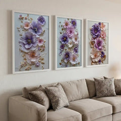 Lavender Dream Florals - 3 Piece Pastel Art Combo (Premium Glass Frame)